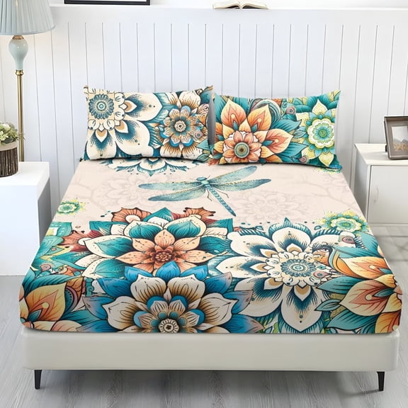POLERO Dragonfly Twin Size Sheet Set 3 Piece Boho Mandala Cozy Bed Sheets with 9.8 Inches Standard Pocket Bedding Fitted Sheet and 2 Pillowcases Easy to Care