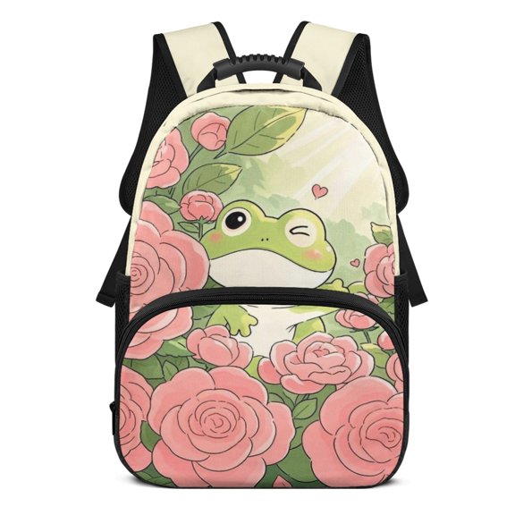POLERO Durable Backpack for Vacation School, Polyester Side Mesh Pockets Backpacks, Cartoon Frog & Pink Rose Print