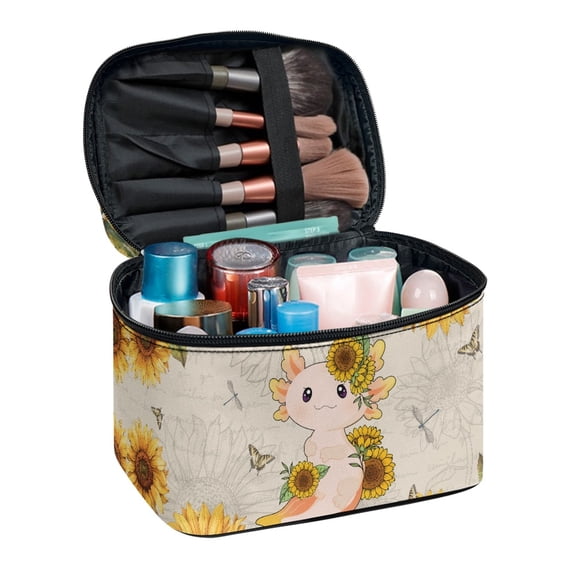 POLERO Dust Sealed Cosmetic Bag for Weekend Trips Daily Use, Sunflower Axolotl Polyester Fabric Lightweight Cosmetic Organizer for Women