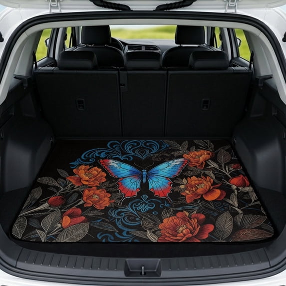 POLERO Duty Car Cargo Mat 29" x 39", Blue Butterfly Floral Print Practical Cargo Cover Non-Slip Backing Trunk Protector Mat for Vehicle Interior