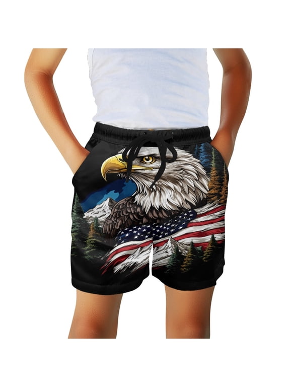 Eagle American Flag Breathable Kids Beach Swim Trunks for Daily Wear Handy Pockets, Quick Dry Cool Board Shorts Elastic Waist Boys Swim Trunks
