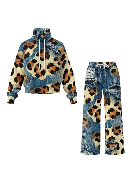 Elastic Cuff Womens Sweatsuits 2 Piece Set, Leopard Denim Polyester Spandex Comfort Lounge Sets for Outdoor Relax Jogging