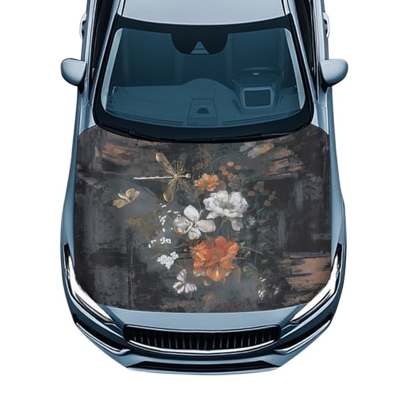 POLERO Elastic Fabric Car Hood Cover for Trucks Sedans Pickup, Removable Stretch Fabric Dragonfly Bloom Car Hood Cover Protector