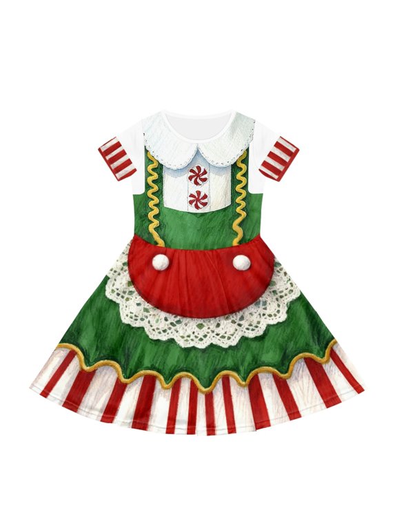 Elf Costume Print Soft Fabric Girls Short Sleeve Dress Personalized Comfortable Short Sleeve Long Dress 2-14 Years Old 1 pc