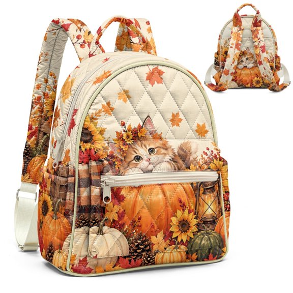 POLERO Fall Cat Pumpkin Print Casual Backpack Purse, Polyester Fabric Fashion Daypack for Travel Vacation