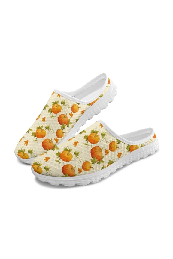 Fall Orange Pumpkin Maple Leaf Mules Clogs Shoes Womens Slip On Walking Sneakers Mesh Breathable Anti Slip Sole Slippers Open Back Falts