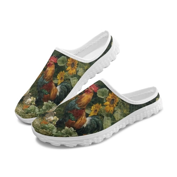 POLERO Farmhouse Sunflower Rooster Backless Sneakers Mesh Slip On Mules Comfortable Breathable House Slippers Chicken Pattern Mules