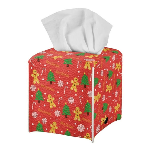 POLERO Fashion Tissue Box Cover with Gingerbread Man, Leather Car Tissue Holder Waterproof Napkin Dispenser for Home Office Restaurant Desk Decor, Square 5.1x5.1x5.5''