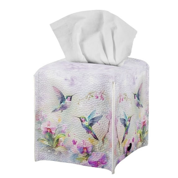 POLERO Fashion Tissue Box Cover Hummingbird Flower Watercolor Leather Car Tissue Holder Waterproof Napkin Dispenser for Home Office Restaurant Desk Decor, Square 5.1x5.1x5.5''