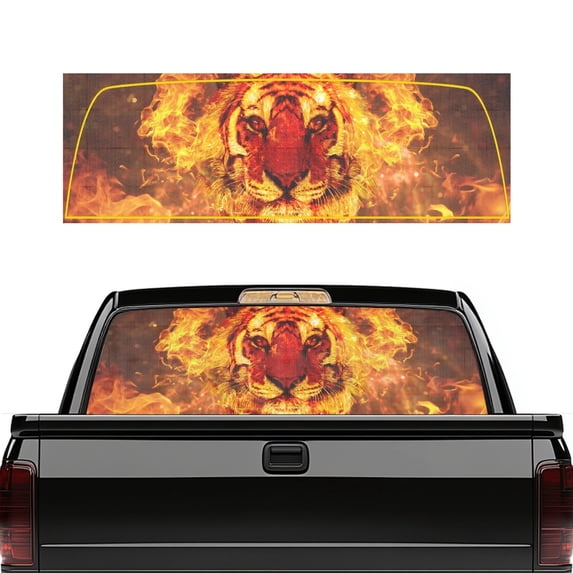POLERO Fire Tiger Truck Rear Window Decal, See through Vinyl Car Rear Windshield Sunshade, Removable Universal for Most Pickup Trucks, 66.9 x 22.4 Inches