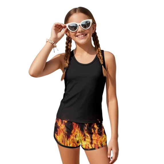 POLERO Flame Print Tankini Swimsuits for Girls Sun Protection Bathing Suits Two Piece Boyshort Swimwear Sets Summer Breathable Wear