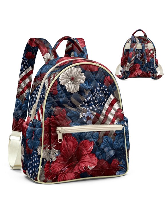 Floral American Flag Print Fashion Portable Backpack, Polyester Fabric Casual Backpack Purse for Travel Business Trip