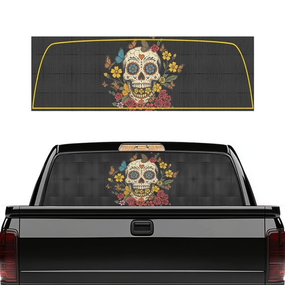 POLERO Floral Sugar Skull Pickup Truck Rear Window Decal, See through Vinyl Wrap with UV Protection, 66.9 x 22.4 Inches for Most Pickup Trucks SUVs