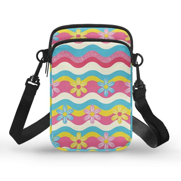 POLERO Floral Wavy Stripes Portable Cell Phone Purse for Shop Travel, with Zipper Closed Lightweight Crossbody Mini Messenger Purse