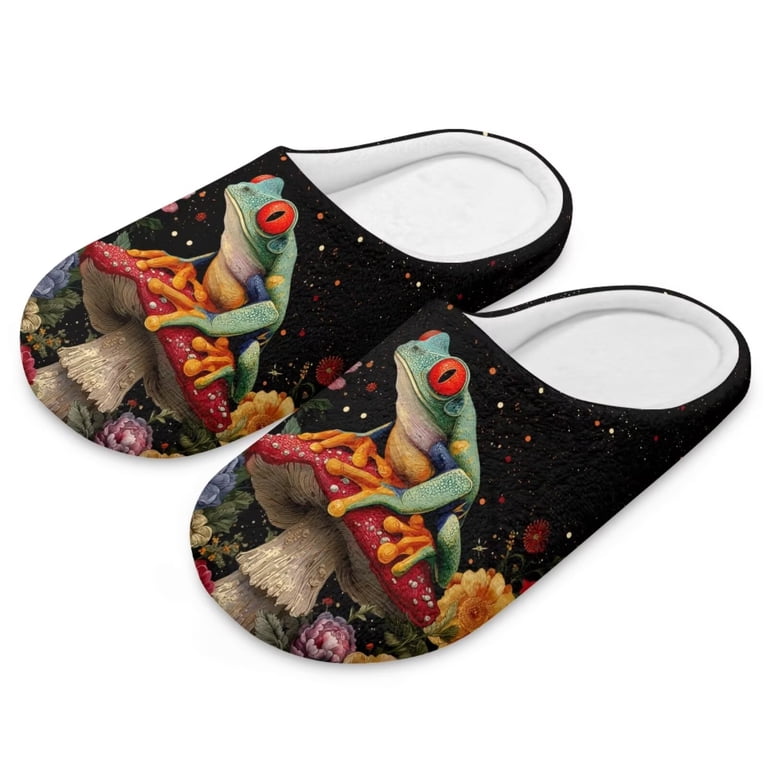 POLERO Frog Mushroom Print Winter House Slippers for Women  display picture 3