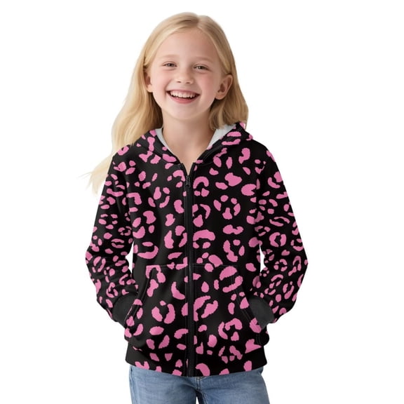POLERO Full Zip Up Hoodies with Pink Lips Printed Girls Sweatshirts Cozy Winter Jacket Long Sleeve Hooded for Toddler Kids, Size L