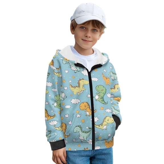 POLERO Full Zip Up Jacket for Girls Cartoon Dinosaur Print Warm Cropped Hoodies Teen Cozy Long Sleeve Sweatshirts Jackets with Pockets, Size XL