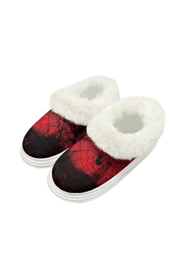 Fuzzy Platform Slippers for Women with Red Halloween Spiderweb Print Comfortable Women's House Slippers Cozy Gifts, Size 8-9