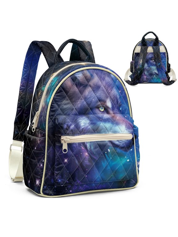 Galaxy Wolf Pattern Zipper Closure Backpack Purse for Travel, Small Shoulder Bag Polyester Fabric Daypack with Quilted
