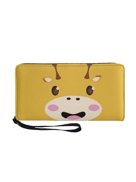 Giraffe Face Zip Around Women's Wallets for Travel Shopping Business, PU Leather Wristlet Strap Long Purse
