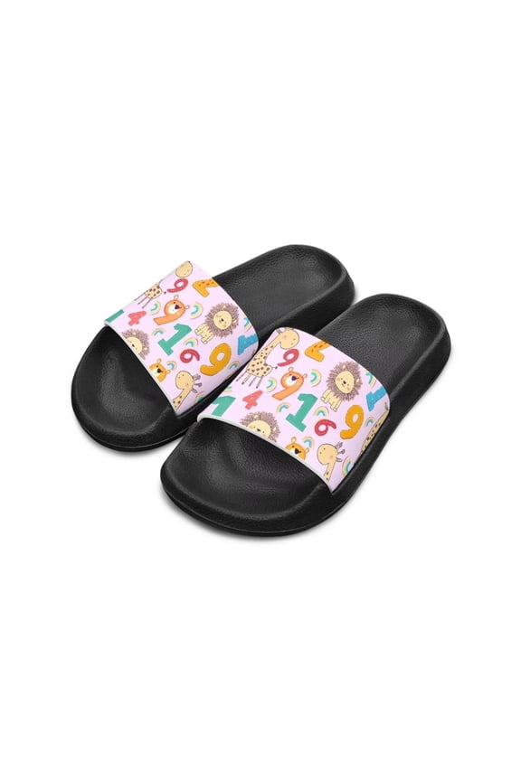 Giraffe Lion Print Slip On Sandals for Boys Number Print Drying Shower Slides Cartoon Open Toe Design Lightweight, Purple