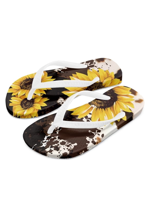 Girls Boys Flip Flops Sandals Kids Water Shoes - Sunflower Cow Print - Thong Beach Slides Summer Slip-on Quick Dry Toddler Little Kid Size 12