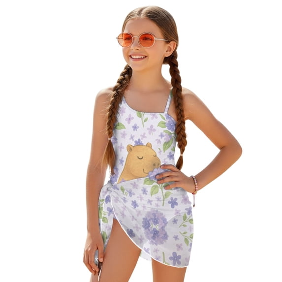 POLERO Girls' Capybara & Lilac Floral One-Piece Swimsuit with Mesh Cover Up - Cute Quick-Dry Swimwear for Teens 7-18 Years
