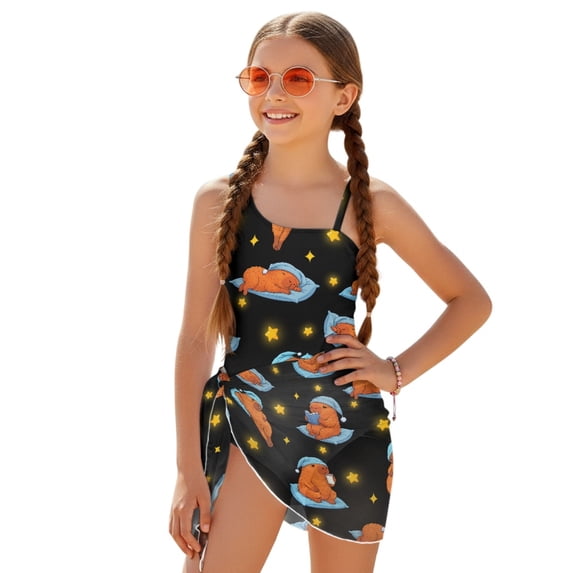 POLERO Girls' Cartoon Capybara One-Piece Swimsuit with Mesh Cover Up - Cute Quick-Dry Swim Set for Beach & Pool Vacations, 7-18 Years