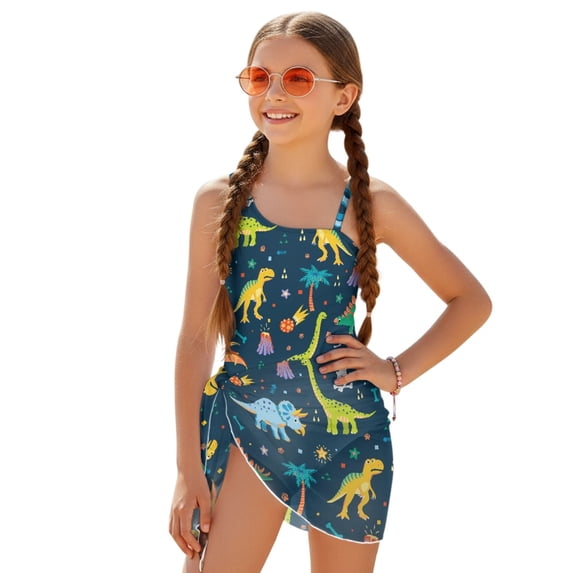 POLERO Girls' Cartoon Dinosaur One-Piece Swimsuit with Mesh Cover Up Skirt - Quick Dry, Padded Swimwear for Beach & Pool Days, 7-18 Years