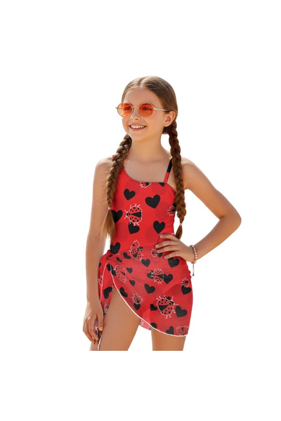 POLERO Girls' Cute Ladybug & Black Heart One-Piece Swimsuit with Mesh Cover Up - Quick Dry, Adjustable Straps for Beach & Pool Days