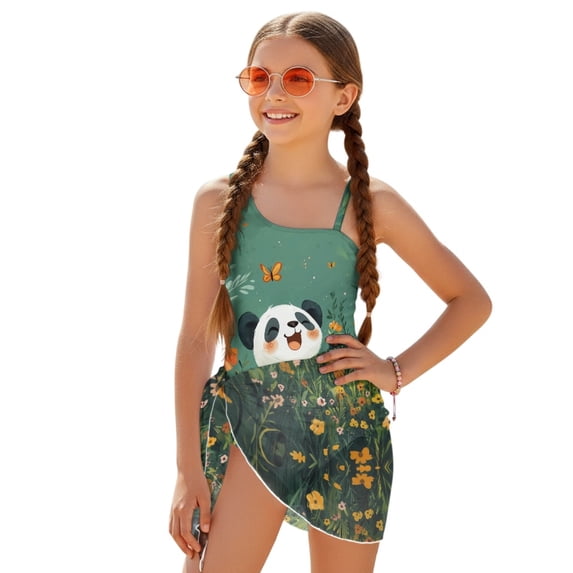 POLERO Girls' Cute Panda Wildflower One-Piece Swimsuit with Mesh Cover Up - Quick Dry, Adjustable Straps for Beach & Pool Vacations (7-18 Years)