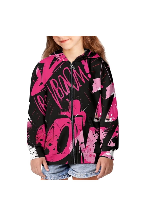 Girls Graphic Zip Up Hoodies Sweatshirt with Pockets Kids Hooded Coat Casual Outerwear Pink Graffiti Print 14-16 Years