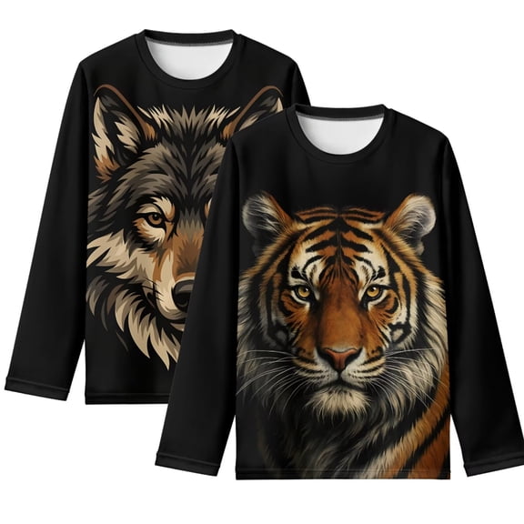 POLERO Girls Long Sleeve Tees 2 Pack Tiger and Wolf Kids Soft T-Shirts Kids Basic Round Neck 3D Graphic T-Shirts Top for Teen Youth Girls, 5-6 T
