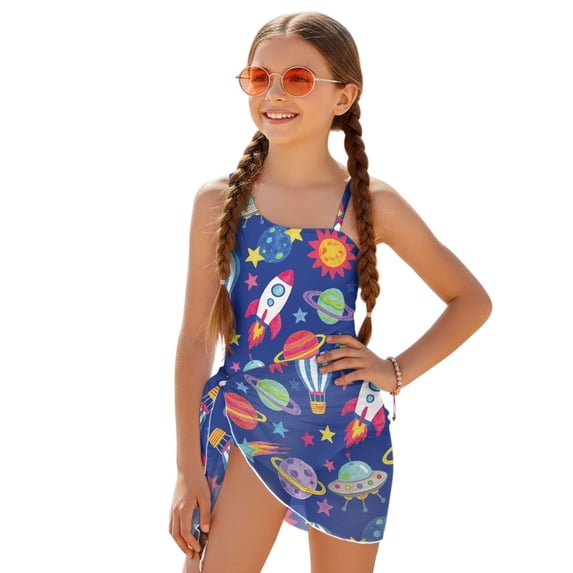 POLERO Girls' One-Piece Swimsuit with Mesh Cover Up Skirt - Fun Outer Space Rocket & Planet Print - Quick Dry, Adjustable Straps for Beach & Pool Vacation (7-18 Years)