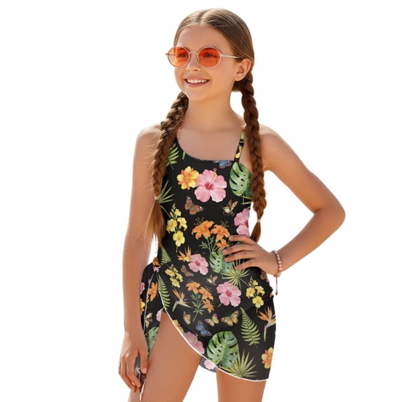 POLERO Girls' One-Piece Swimsuit with Mesh Cover Skirt - Watercolor Tropical Floral & Butterfly Print - Quick Dry Bathing Suit for Beach Vacation, 7-18 Years