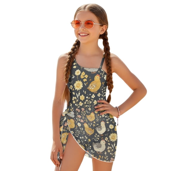 POLERO Girls' One-Piece Swimsuit with Mesh Cover Up - Cute Chicken & Floral Print, Quick Dry, Adjustable Straps for Beach & Pool Days (7-18 Years)