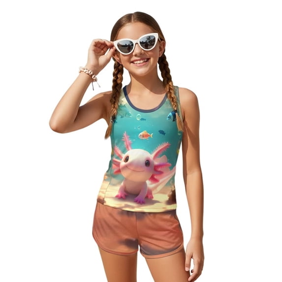 POLERO Girls Rash Guard Tankini Two Piece Swimsuit with Boyshorts Sea Axolotl Fish Print Sun Protection Quick Dry Beach Wear