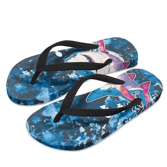 POLERO Girls' Sandals - Open Toe Slip On Summer Holiday Cartoon Shark Blue Print Boys Thong Flip Flops with Soft Strap and Cushioned Sole Size 12