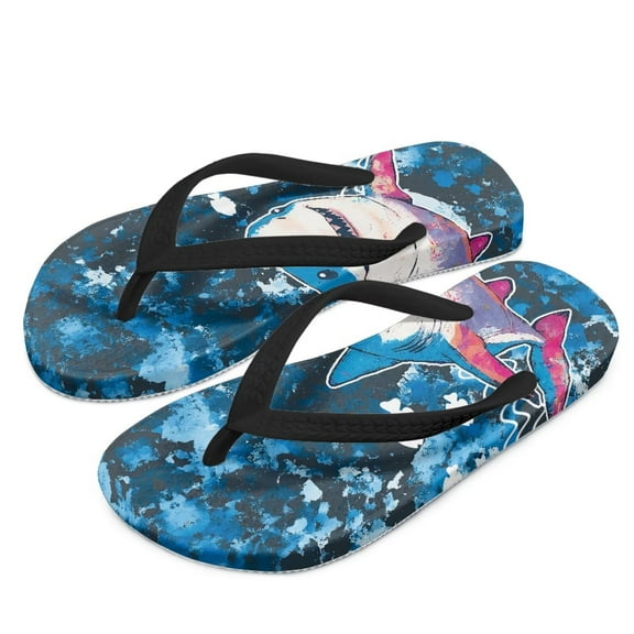 POLERO Girls' Sandals - Open Toe Slip On Summer Holiday Cartoon Shark Blue Print Boys Thong Flip Flops with Soft Strap and Cushioned Sole Size 2