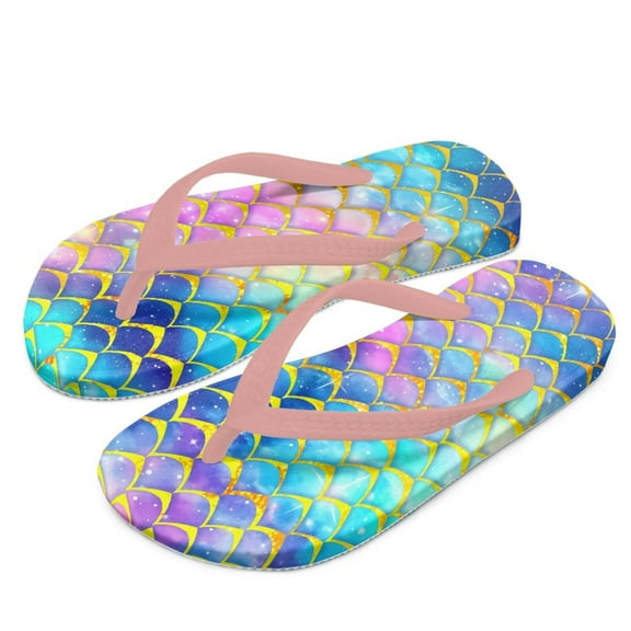 POLERO Girls' Sandals - Open Toe Slip On Summer Holiday Shiny Mermaid Galaxy Print Boys Thong Flip Flops with Soft Strap and Cushioned Sole Size 10