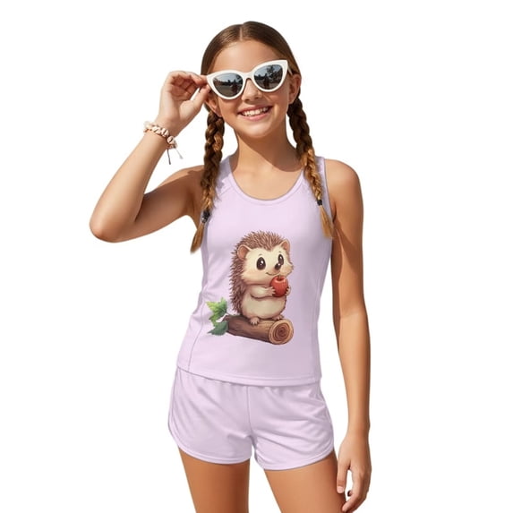 POLERO Girls Swim Tankini Two Piece Set with Boyshorts Hedgehog Branch Print Quick Dry Sleeveless Top Beach Wear