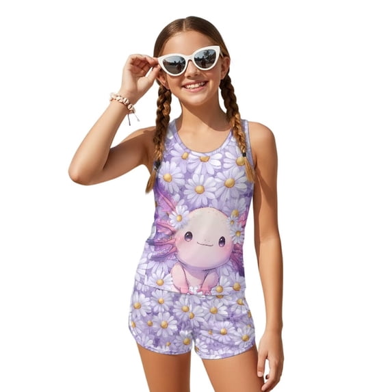 POLERO Girls Swimsuit Set Tankini Two Piece with Shorts Boyshort Axolotl Daisy Floral Print Quick Dry Summer Beach Bathing