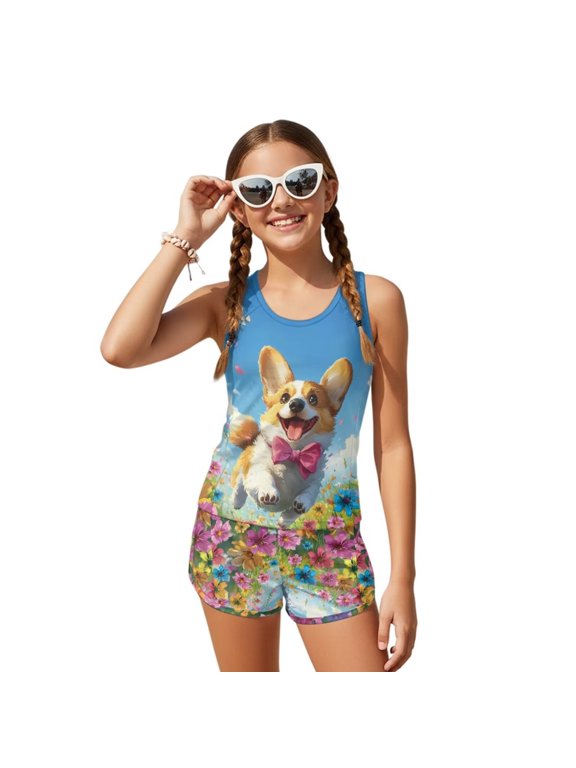 Girls Swimsuits Corgi Flowers Print Two Piece Swimsuit Kids Boyshorts Tankini Bathing Suits Beach Swimwear 6-15 Years