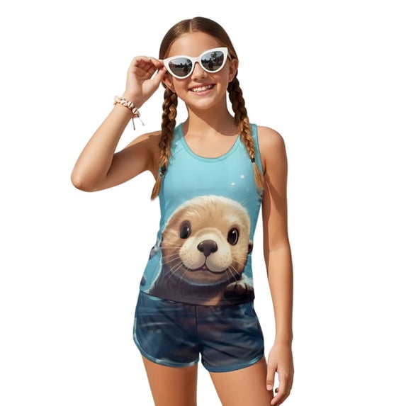 POLERO Girls Tankini Swimsuit Cute Otter Pattern 2 Piece Bathing Suits for Girls Swim Tank Top and Shorts for 6-15 Y