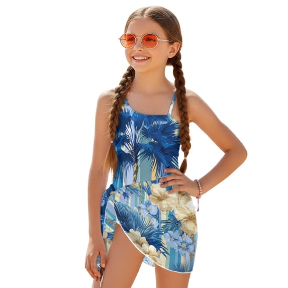 POLERO Girls' Tropical Palm & Floral One-Piece Swimsuit with Mesh Cover Up Skirt - Quick Dry, Adjustable Straps for Beach & Pool Vacations, 7-18 Years