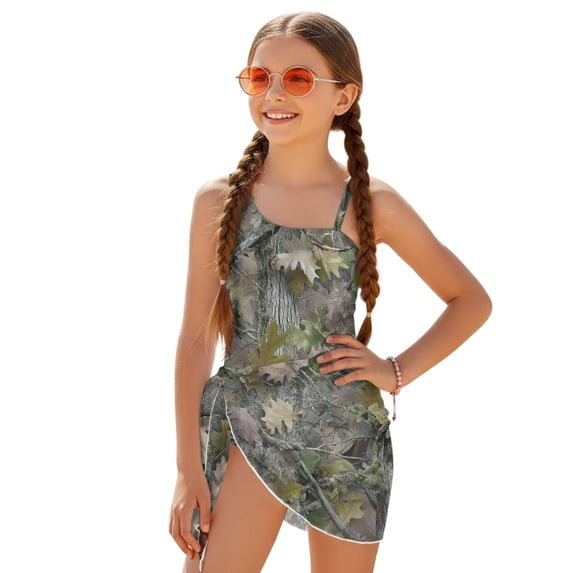 POLERO Girls' Woodland Camo One-Piece Swimsuit with Mesh Cover Up Skirt - Quick Dry, Adjustable Straps, UPF Sun Protection for Beach & Pool Days (7-18 Years)