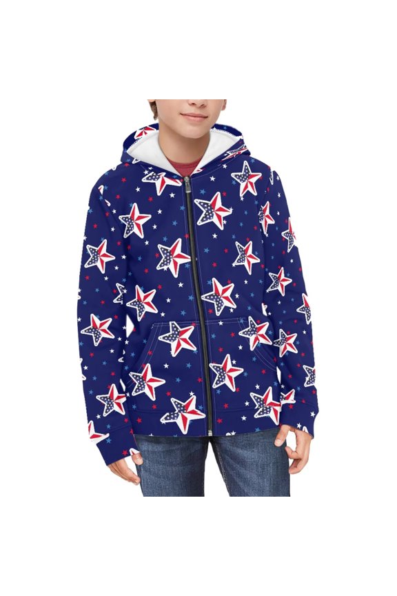 Girls Zip Up Cropped Hoodies Teen Long Sleeve USA Stars Print Sweatshirts Kids Fall Casual Jacket with Pockets, 11-13 Years