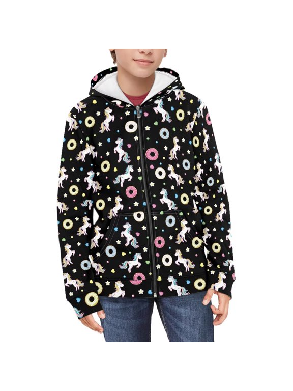 Girls Zip Up Hoodies Pony Donut Printed Fleece Zipper Sweatshirts Hooded for Toddler Girls Cozy Winter Fall Jacket 11-13 Years