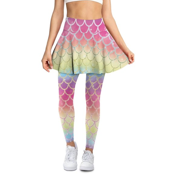POLERO Gold Fish Scale Rainbow Yoga Leggings Slim Fit Tennis Skirt with Legging Skirted Workout Leggings Soft Running Pants Full Length Gym Office Fitness Pants with Pockets for Women