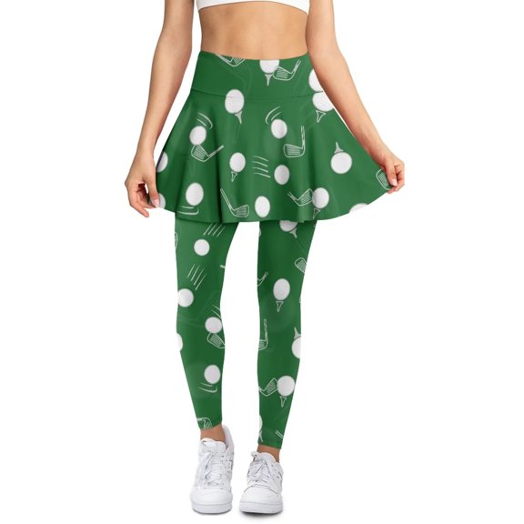 POLERO Golf Green Yoga Tennis Skirt with Pockets Soft Skirted Workout Leggings for Women High Waisted Gym Skirts Tummy Control Workout Pants Sports Office Leggings